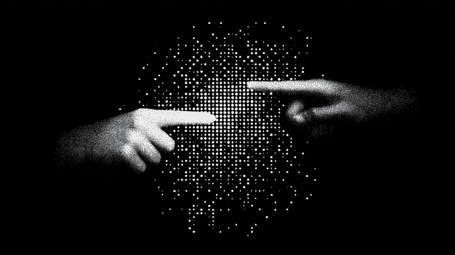 Two hands reaching toward each other, rendered as a halftone dot illustration
